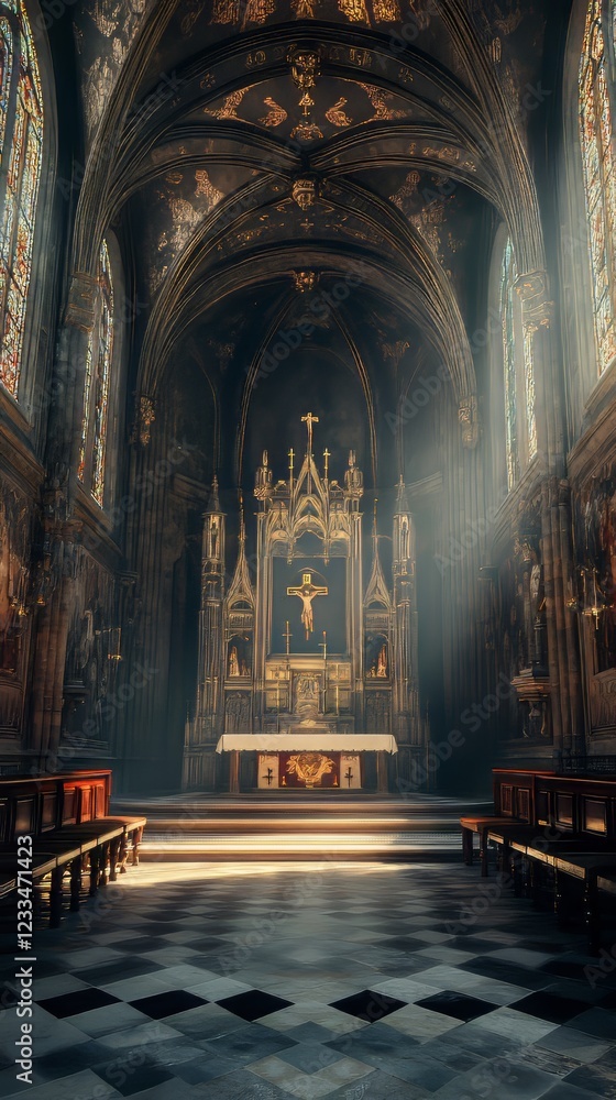 Fototapeta premium Sunlight streams into a gothic chapel.