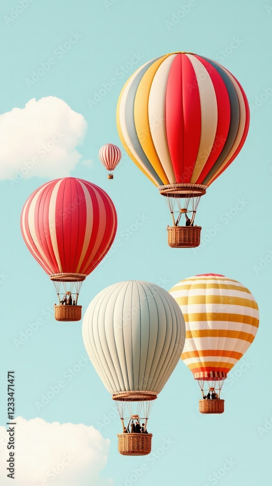 Obraz premium Colorful Hot Air Balloons Floating Against a Bright Blue Sky with Soft White Clouds