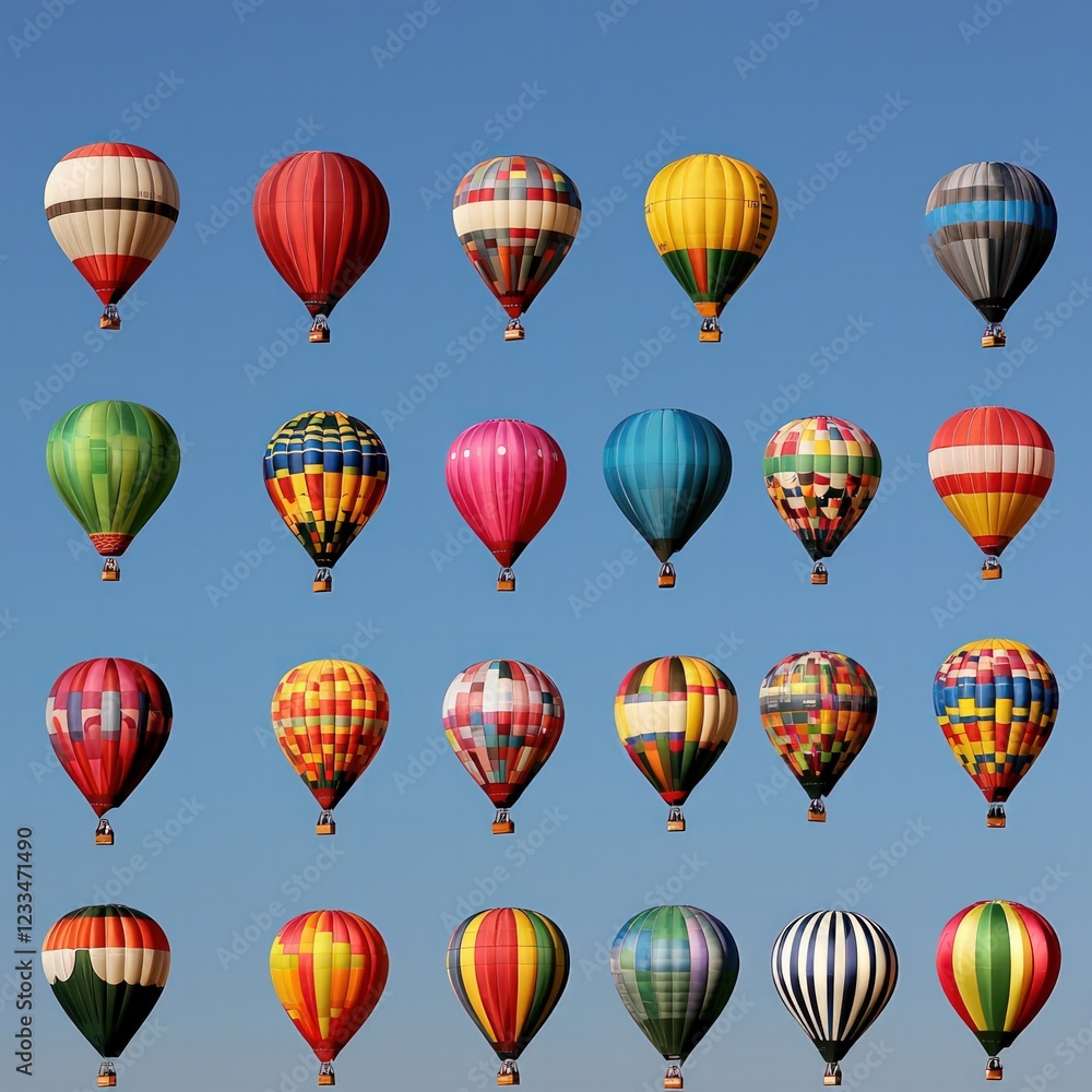 Naklejka premium Colorful Hot Air Balloons Flying Against Clear Blue Sky During Daytime Festival