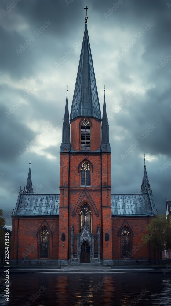 Brick church under a stormy sky Brick church under a stormy sky