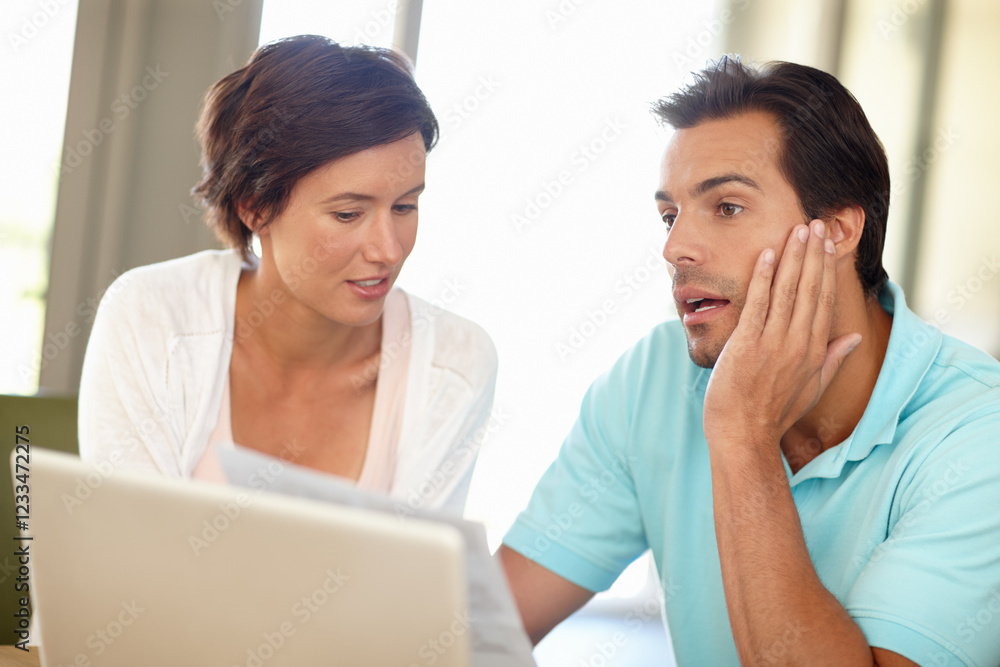 Couple, laptop and discussion for finance in home, budget planning or bills for taxes. Paperwork, man and woman in living room with expenses, mortgage payment and invoice email for asset management Couple, laptop and discussion for finance in home, budget planning or bills for taxes. Paperwork, man and woman in living room with expenses, mortgage payment and invoice email for asset management