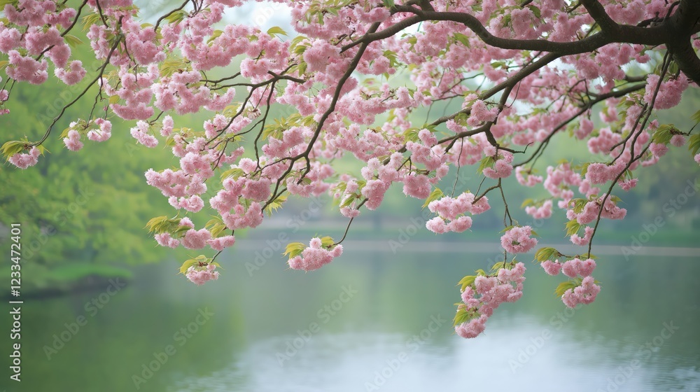 Fototapeta premium Serene Pink Cherry Blossoms Over Tranquil Pond