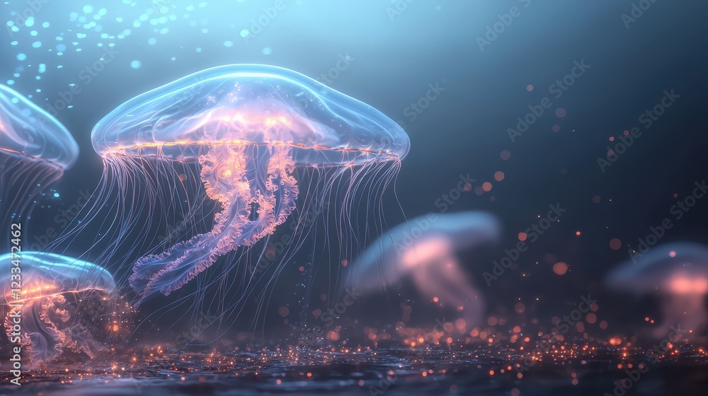 Ethereal Jellyfish with Glowing Tentacles Underwater Ethereal Jellyfish with Glowing Tentacles Underwater