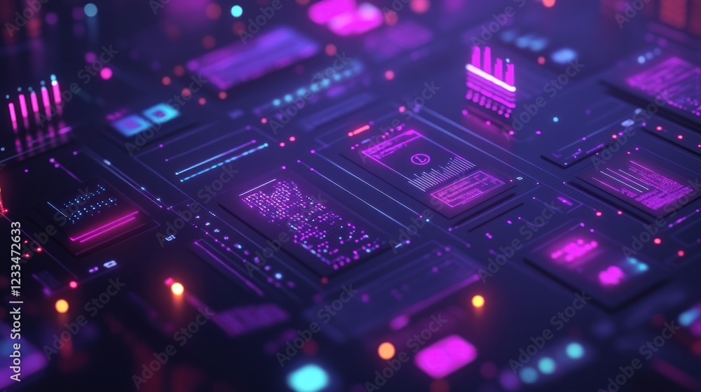Abstract digital interface with glowing elements and data streams. Abstract digital interface with glowing elements and data streams.