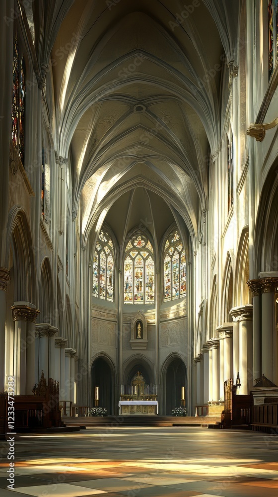 Fototapeta premium Sunlit cathedral nave and altar