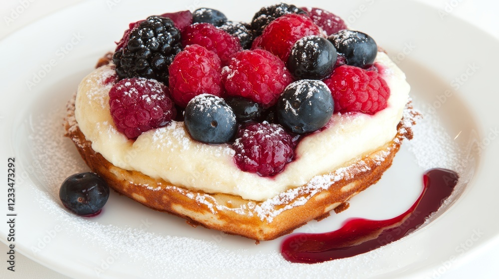 Heart-Shaped Waffle with Cream and Berry Topping Heart-Shaped Waffle with Cream and Berry Topping