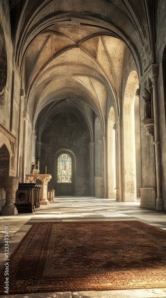Obraz premium Sunlit cathedral cloister hallway