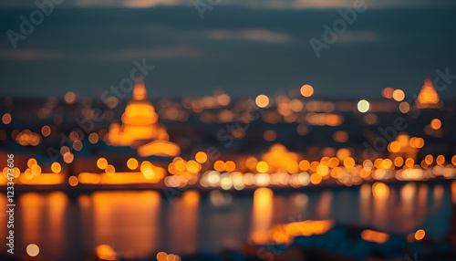 Bokeh lights over cityscape at dusk urban photography soft focus nighttime aesthetic appraisal photo