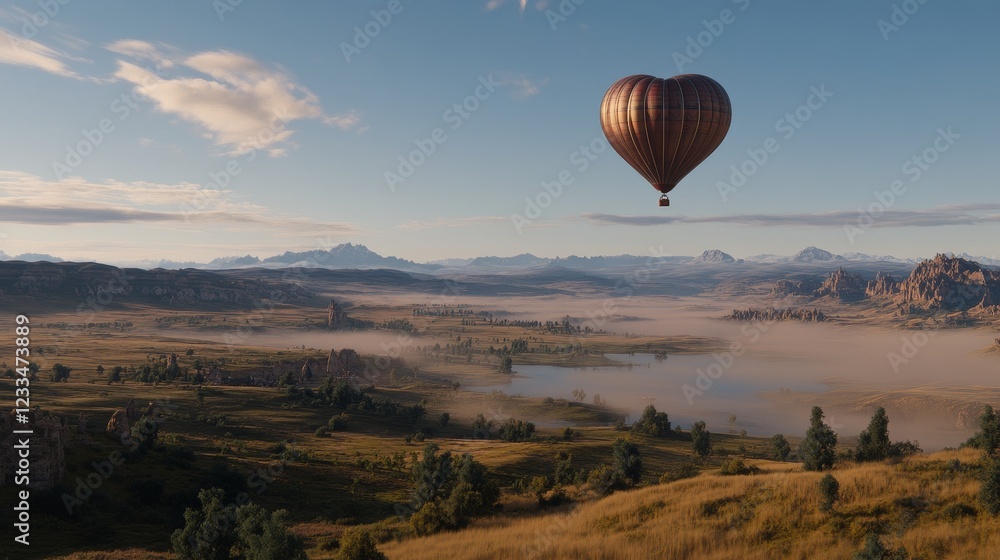 Fototapeta premium HeartShaped Balloon Soaring Over Misty Valley Landscape