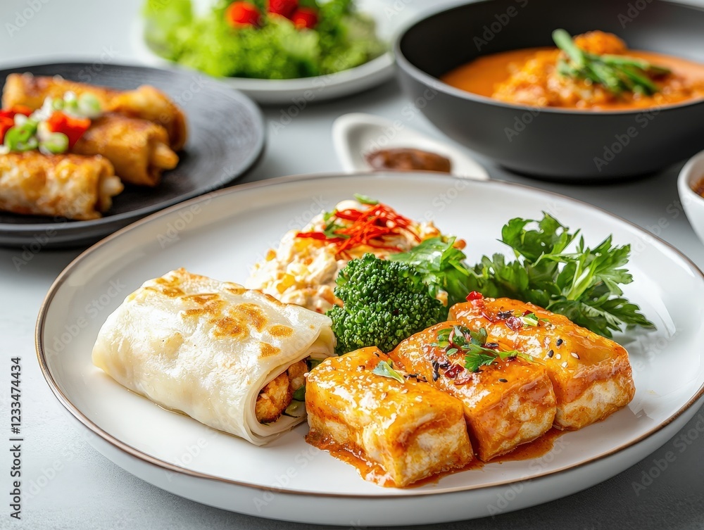 Delicious Asian Cuisine Platter with Tofu, Fresh Vegetables, and Flavorful Sauces on a White Plate in Warm Lighting