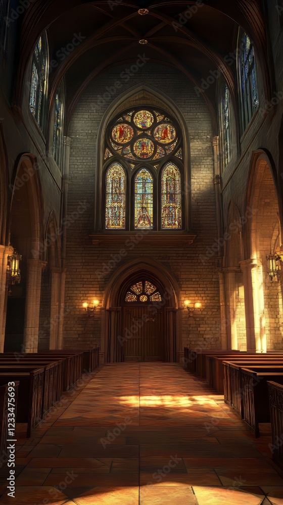 Fototapeta premium Sunlit aisle in a stone church