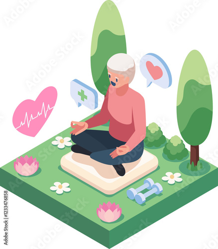 Isometric Elderly Meditating in a Park with Health and Wellness Icon