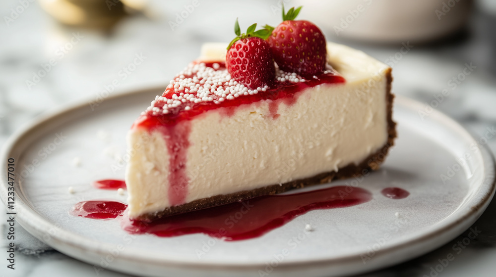 A slice of delicious white chocolate cheesecake on a marble plate, decorated with strawberry sauce and white chocolate sprinkles, Ai generated images A slice of delicious white chocolate cheesecake on a marble plate, decorated with strawberry sauce and white chocolate sprinkles, Ai generated images