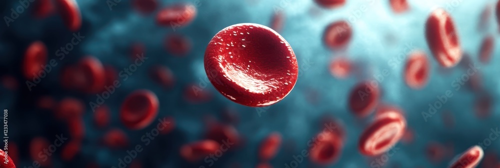 Fototapeta premium Medical research, red blood cells, microscopic view, floating particles, scientific visualization, cellular biology, 3D rendering, blurred background, healthcare concept, circulatory system, hematolog
