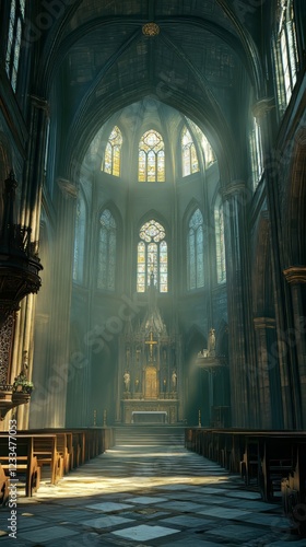Sunlit Gothic cathedral interior