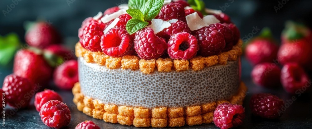 Fototapeta premium Delicious Raspberry Chia Seed Pudding Cake