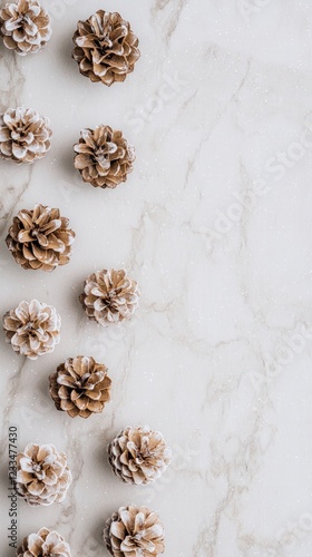 Decorative Pinecones with Frosted Tips Arranged on a Marble Background for Winter Aesthetics