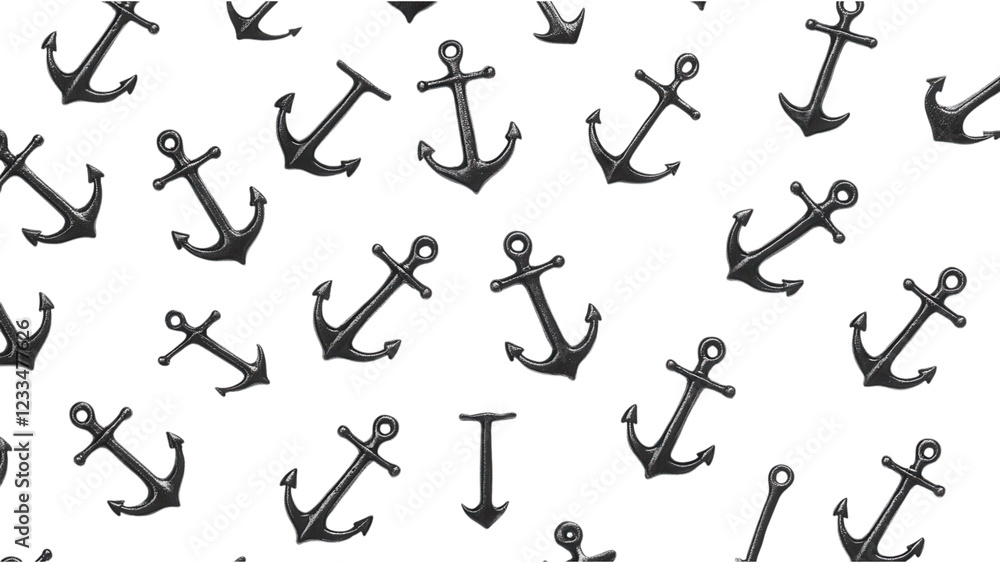 Tiny black anchors on a white backdrop, seamless design, ideal for nautical themes, digital use, and creative projects Tiny black anchors on a white backdrop, seamless design, ideal for nautical themes, digital use, and creative projects