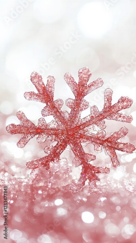 Delicate Red Snowflake on Glittering Background with Soft Bokeh Effect