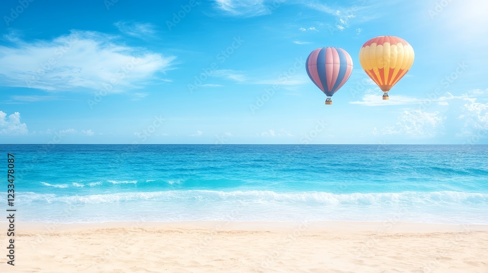 Idyllic Beach Scene with Two Colorful Hot Air Balloons Idyllic Beach Scene with Two Colorful Hot Air Balloons