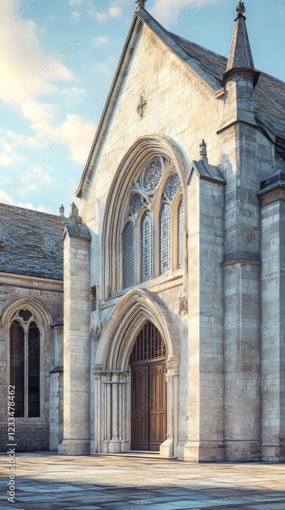 Stone church entrance bathed in sunlight Stone church entrance bathed in sunlight