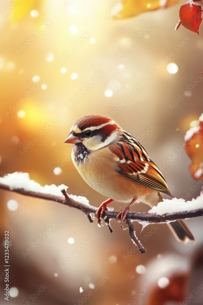 Beautiful bird on tree branch covered with snow in winter. Beautiful bird on tree branch covered with snow in winter.