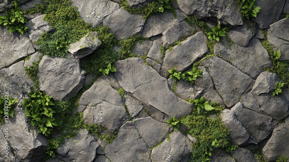 Textured Stone Surface with Green Moss and Climbing Plants for Nature Textured Stone Surface with Green Moss and Climbing Plants for Nature