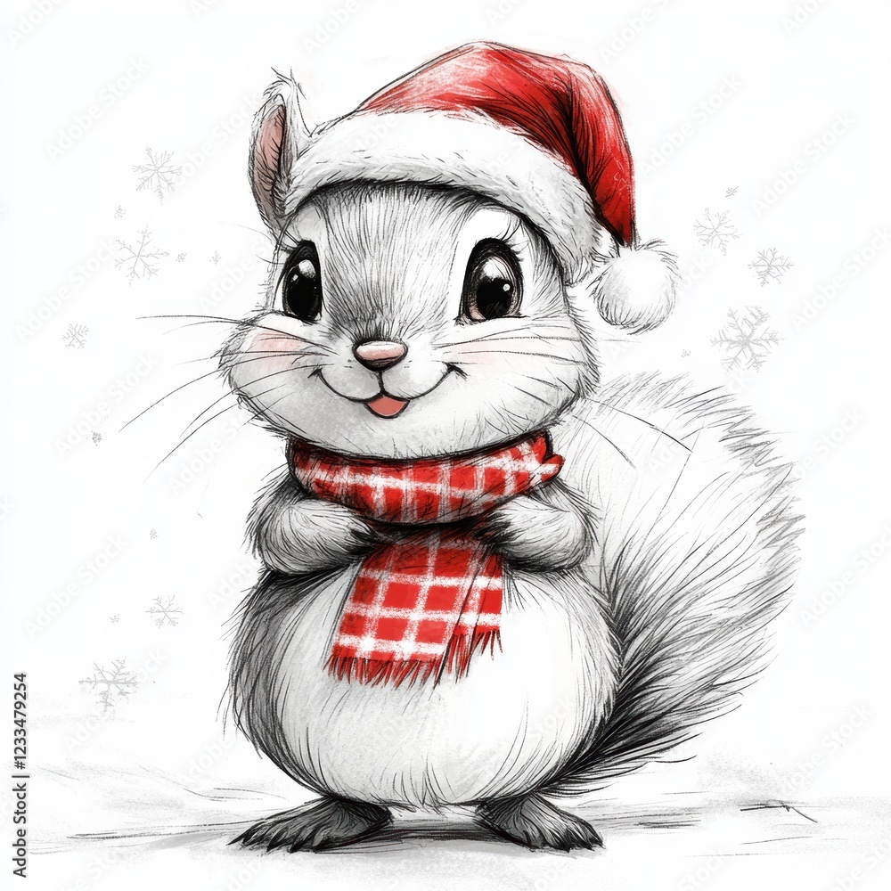 Cute squirrel wearing Santa hat in winter Cute squirrel wearing Santa hat in winter