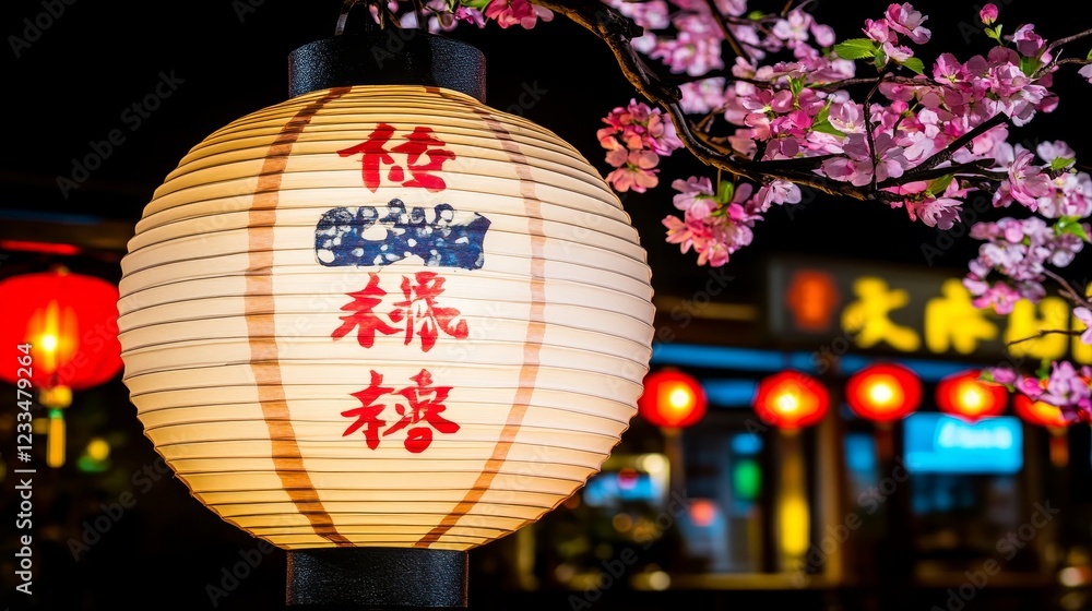 Fototapeta premium Illuminated Asian Lantern with Cherry Blossoms and Festive Lights