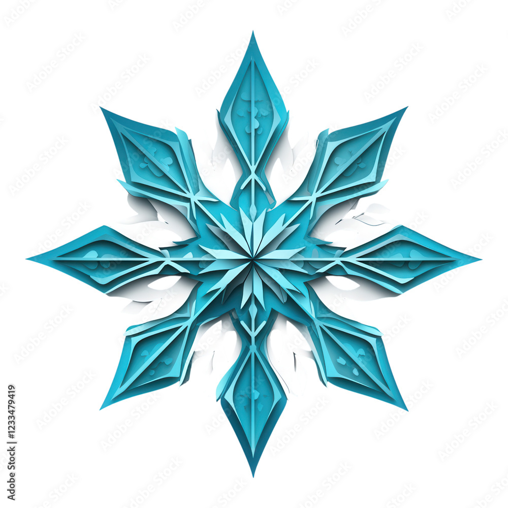 Obraz premium Cyan geometric star design, sharp angles, layered patterns, bold creative effect, transparent background, digital art element