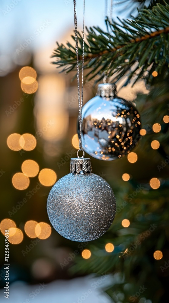 Sparkling Silver Christmas Ornaments on Tree with Bokeh Lights Sparkling Silver Christmas Ornaments on Tree with Bokeh Lights