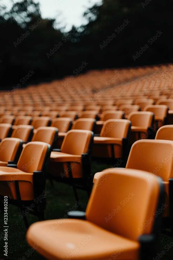 Fototapeta premium Rows of Orange Plastic Chairs in an Outdoor Amphitheater