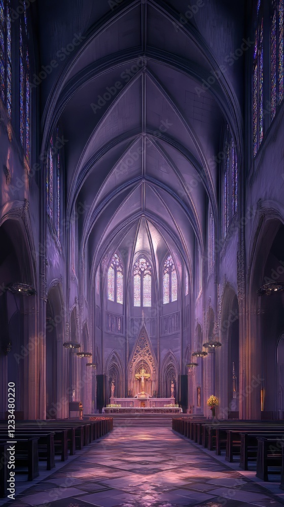 Fototapeta premium Tranquil cathedral interior, bathed in purple light.
