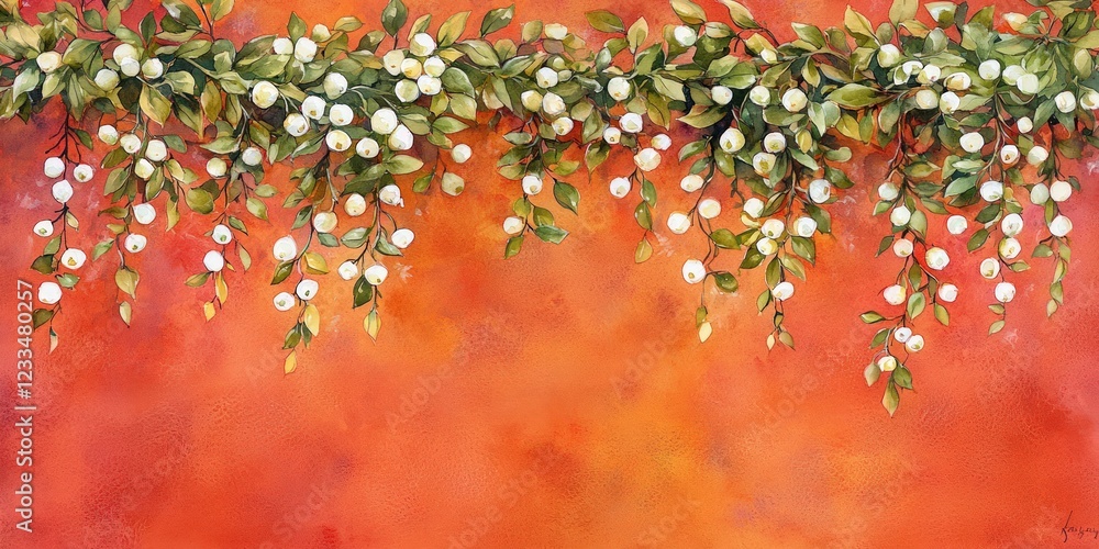 Elegant Floral Decoration with White Blossoms and Green Leaves against Vibrant Orange Background Elegant Floral Decoration with White Blossoms and Green Leaves against Vibrant Orange Background