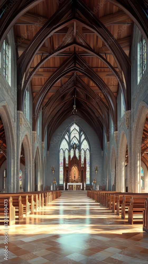 Obraz premium Sunlit church interior, peaceful scene