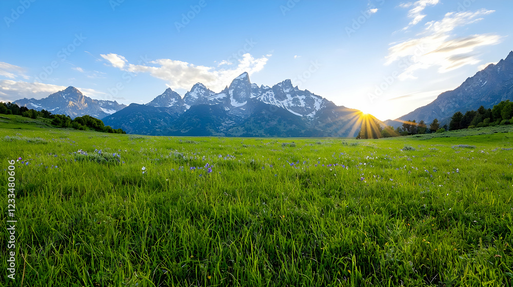 Fototapeta premium Sunset over Grand Teton mountain range, wildflowers meadow. Landscapes