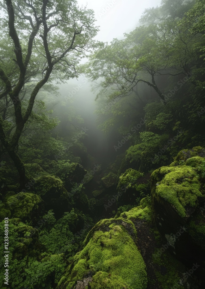 Fototapeta premium Mossy Rocks and Trees in a Misty Forest
