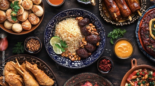 Traditional arabic iftar dinner table for eid holiday, family gathering with middle eastern cuisine and ramadan delicacies photo