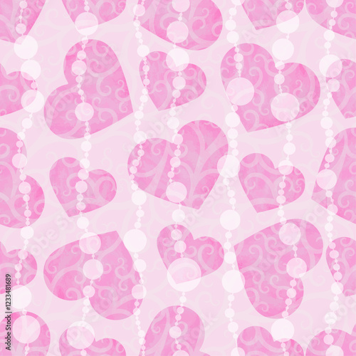 Vector seamless gentle valentines pattern with pink watercolor hearts and balls.  For textiles, wallpaper and packaging.