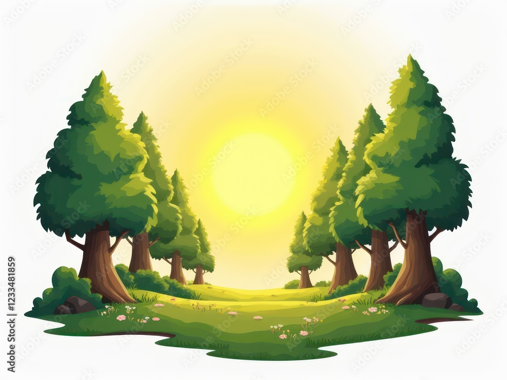 Obraz premium Forest with Sun in the Background, White Background