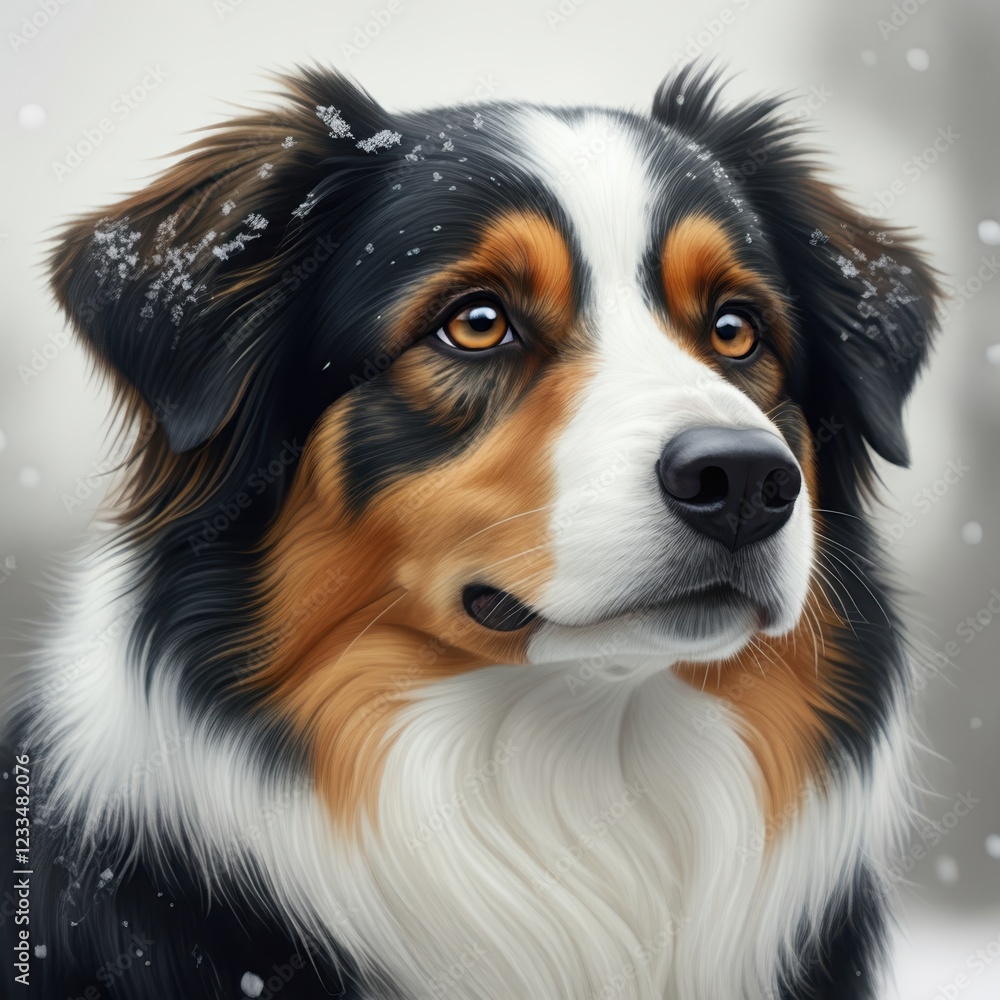Fototapeta premium Australian shepherd, portrait, realistic, detailed fur, tri-color coat, soulful eyes, alert expression, snowy background, digital painting, high contrast, studio lighting, close-up, textured canvas, h
