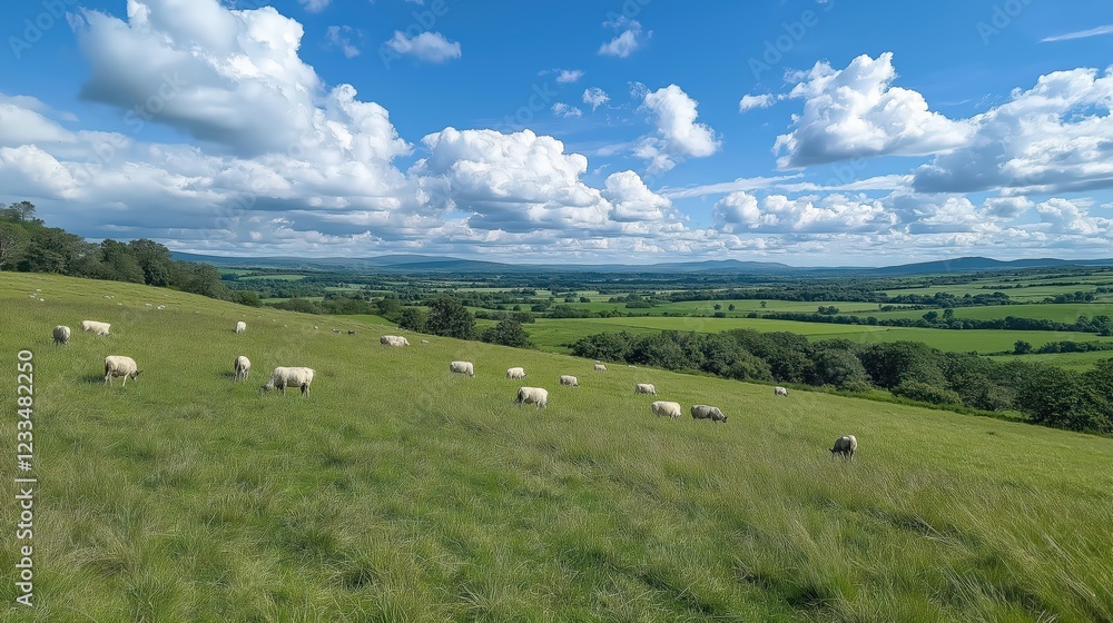 Flock Of Sheep Grazing In Sunny Green Pasture Under Blue Sky Flock Of Sheep Grazing In Sunny Green Pasture Under Blue Sky