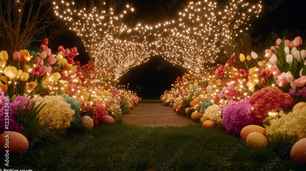 Fototapeta premium Illuminated Easter Garden Path with Flowers and Eggs