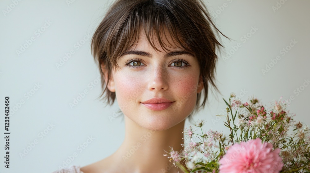 Woman with flowers smiles at camera against plain background Woman with flowers smiles at camera against plain background