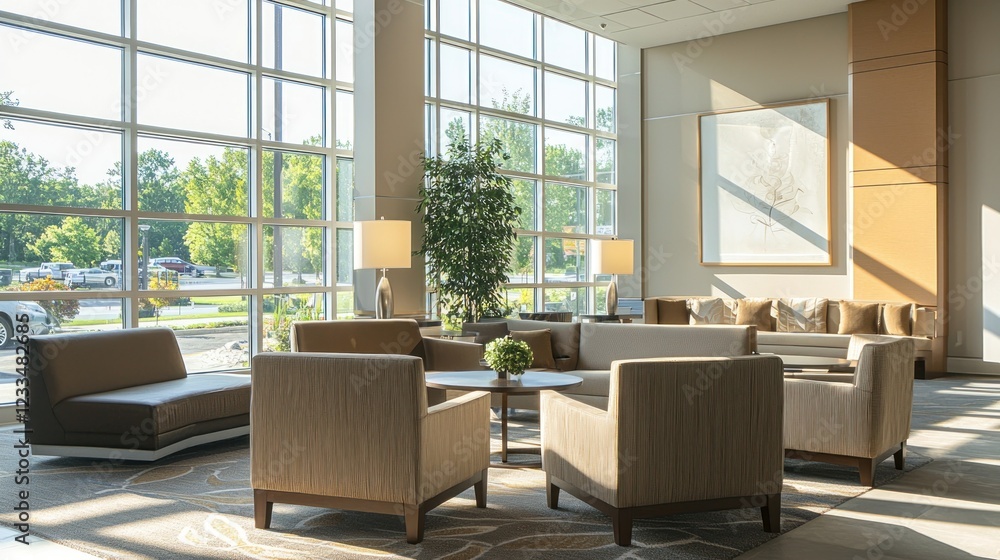 Fototapeta premium Sunlit Lobby Interior Design: Modern elegance meets natural light in this contemporary lounge space.