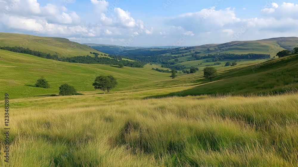 Fototapeta premium Vast Green Hill Landscape Under Partly Cloudy Sky