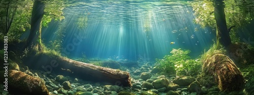 Underwater forest, sunbeams penetrating water surface, fallen tree trunk, aquatic plants, crystal clear water, ethereal atmosphere, dappled light, submerged landscape, serene nature scene, vibrant gre
