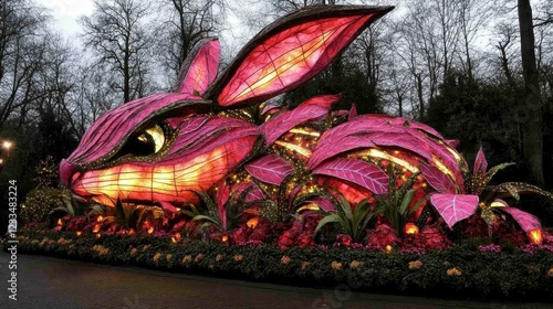 Illuminated Floral Rabbit Lantern Festival Display