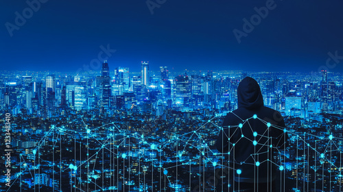 Hacker are planning to hack and attack networks and cyber security systems Smart digital city with connection cyber security network reciprocity over the cityscape . future smart wireless digital city