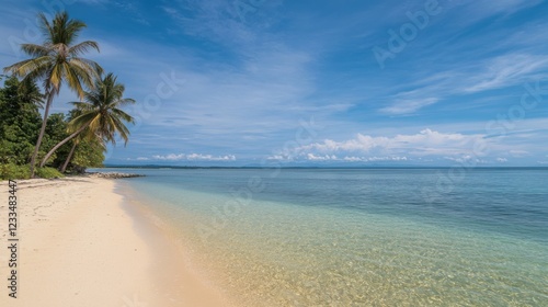 Wallpaper Mural A scenic coastal beach with crystal-clear waters and palm trees against a blue sky, Beach scene, Tropical paradise style Torontodigital.ca